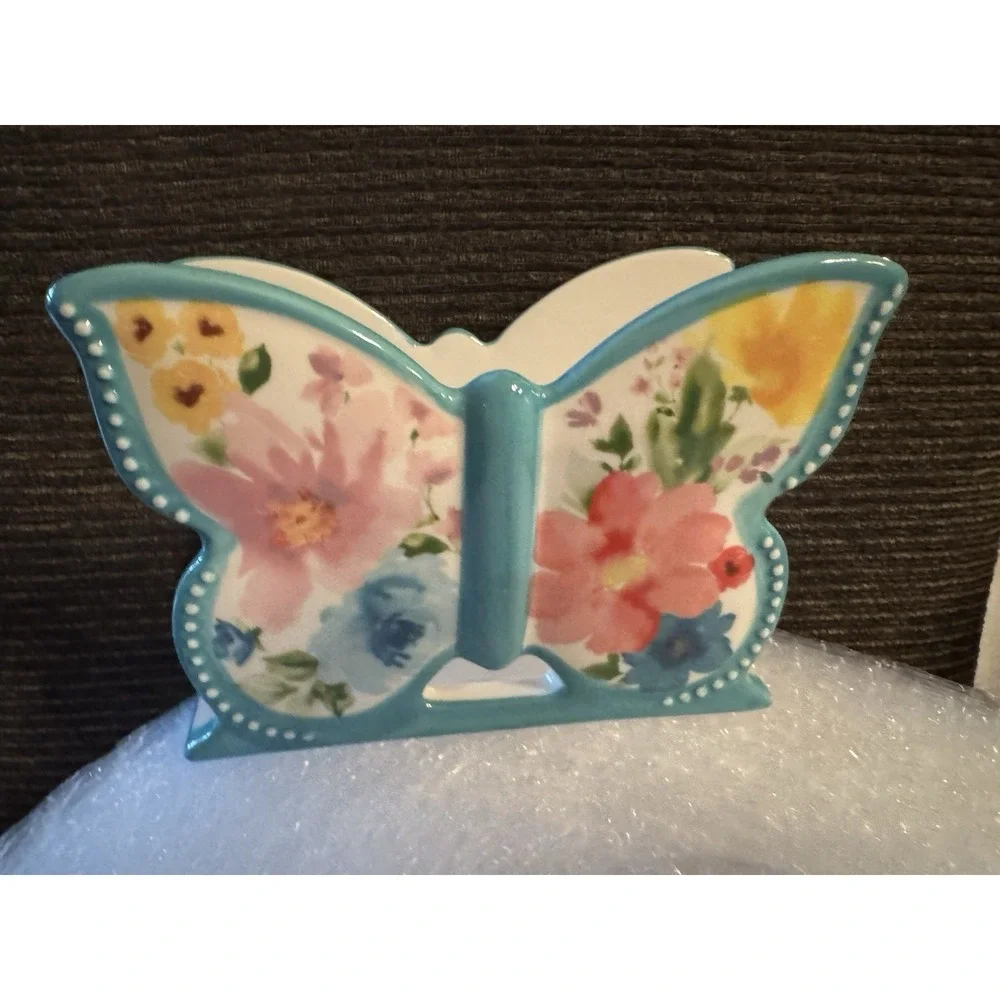 Pioneer Woman Breezy Blossoms‎ Butterfly Napkin Holder Teal Stoneware Floral